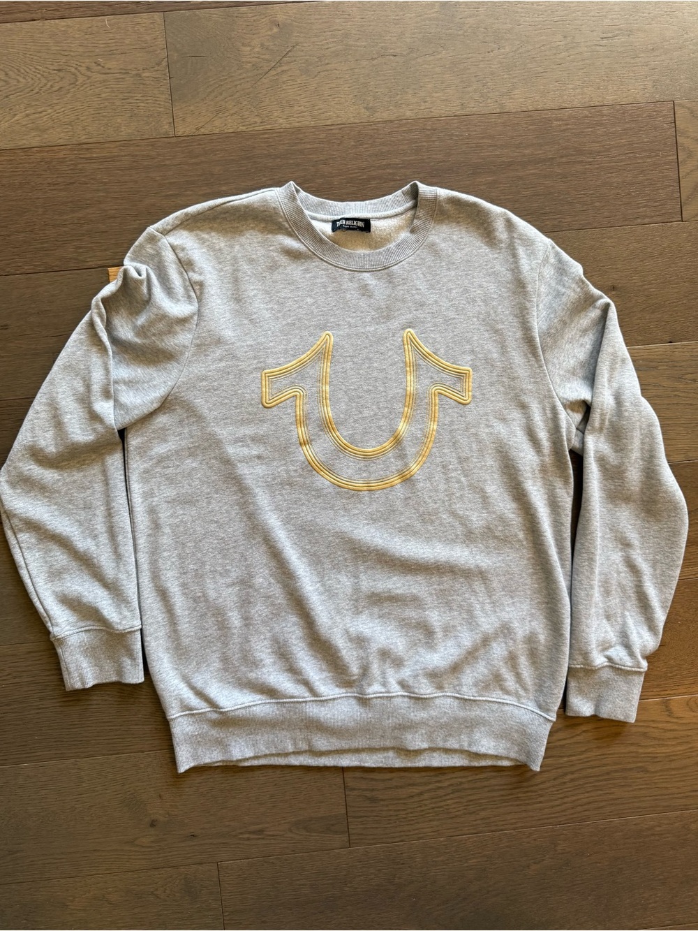 True Religion Gray Crewneck Sweatshirt with Gold Horseshoe